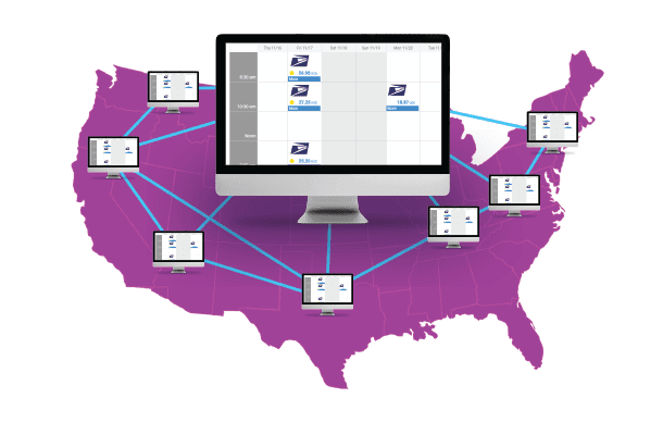 A computer monitor on top of the united states map.