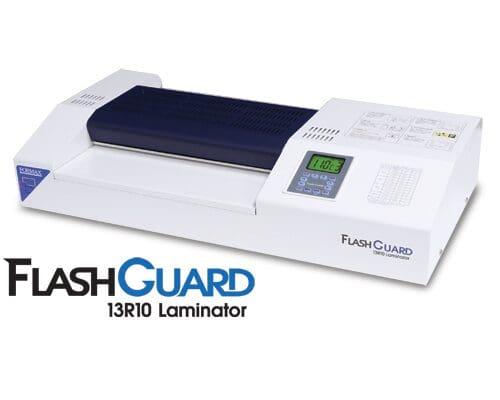 A white and black flash guard laminator