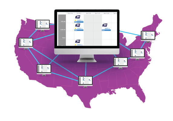 A computer monitor on top of the united states map.